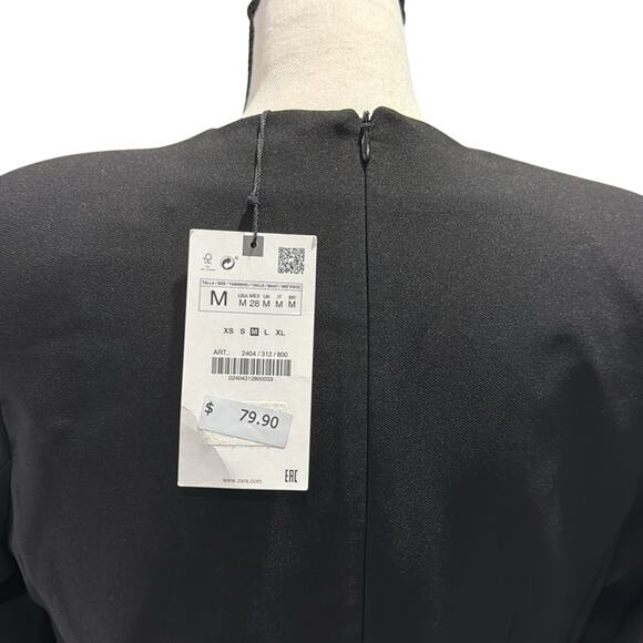 Zara NWT Black Shoulder Pads Mini Dress with Belt with Pearls & Rhinestones. - Picture 7 of 10